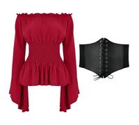 Womens Renaissance Tops Off The Shoulder Bell Long Sleeve Medieval Steampunk Tops Smocked Pirate Blouse with Waist Corset,Gothic Blouse for Corset Fancy Pirate Halloween Costume