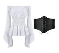 Womens Renaissance Tops Off The Shoulder Bell Long Sleeve Medieval Steampunk Tops Smocked Pirate Blouse with Waist Corset,Gothic Blouse for Corset Fancy Pirate Halloween Costume