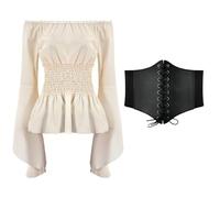 Womens Renaissance Tops Off The Shoulder Bell Long Sleeve Medieval Steampunk Tops Smocked Pirate Blouse with Waist Corset,Gothic Blouse for Corset Fancy Pirate Halloween Costume