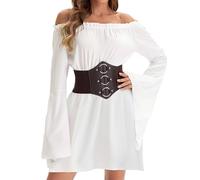 Womens Renaissance Tops Peasant Ruffle Smocked Waist Boho Pirate Shirt Blouse with Black Corset Waist Belt