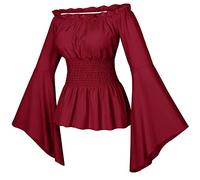 Womens Renaissance Victorian Peasant Ruffle Smocked Waist Boho Pirate Shirt Blouse with Belt Set