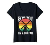 Women's Renewable Energy I'm A Big Fan Windmill Retro Sunset V-Neck T-Shirt