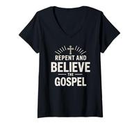 Womens Repent and Believe The Gospel Christian Cross Bible Verse V-Neck T-Shirt