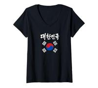 Womens Republic of Korea Flag and Hangul Brush Writing Word V-Neck T-Shirt