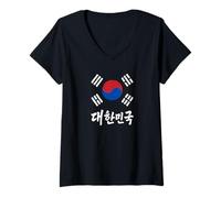 Womens Republic of Korea Flag and Hangul Word Writing V-Neck T-Shirt