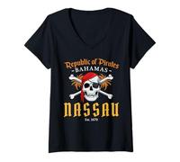 Womens Republic Of Pirates Nassau Bahamas Summer Funny Vintage V-Neck T-Shirt