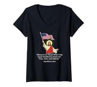 Womens Republican Jesus Holding American Flag Protest V-Neck T-Shirt