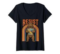 Women's Resist California Bear Holding State Map Retro Rainbow V-Neck T-Shirt