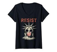 Women's Resist Statue Liberty Bubblegum Equality Retro Edgy Protest V-Neck T-Shirt