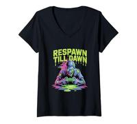 Womens Respawn Till Dawn Zombie Gamer Horror Halloween V-Neck T-Shirt