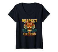 Womens Respect the Boss Tiger - Bold Motivational Animal Graphic V-Neck T-Shirt