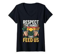 Womens Respect The Hands That Feed Us Farm Pride Field Farming V-Neck T-Shirt