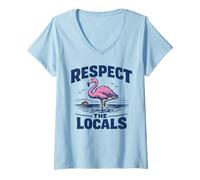 Women's Respect The Locals Pink Flamingo Birdwatcher Bird Lover V-Neck T-Shirt