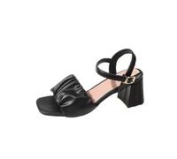 Women's ressy Strappy Sandals ow Chunky Block Heel Non-Slip Square Toe Temperament Memory oam Cushion Adjustable Strap Sandal for Parties Elegant Summer Walks Comfort Sandals (Black, 6-6)