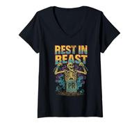 Womens Rest in Beast Skeleton Crush PR Halloween 90's Retro Gym V-Neck T-Shirt