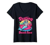Womens Resting Beach Face Skeleton Mermaid Retro Summer Humor Tee V-Neck T-Shirt
