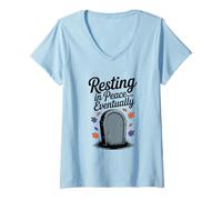 Womens Resting in Peace... Eventually Funny Halloween Tombstone V-Neck T-Shirt