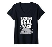 Women's Resting Seal Face Funny Grumpy Cute Cartoon Seal V-Neck T-Shirt