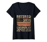 Womens Retired 2025 I Worked My Whole Life For This US Flag Vintage V-Neck T-Shirt