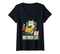 Women's Retired Cat Reading Cozy Relax V-Neck T-Shirt