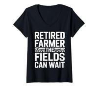 Women's Retired Farmer The Fields Can Wait Tractor Farm V-Neck T-Shirt