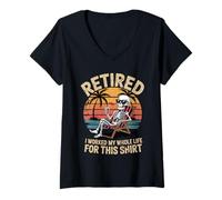 Womens Retired I Worked My Whole Life for This Shirt Funny Skeleton V-Neck T-Shirt