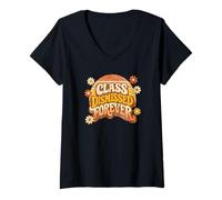 Women's Retired Teacher Class Dismissed Forever Retro Groovy Sunset V-Neck T-Shirt