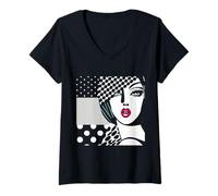 Women's Retro 1950s Woman Face : Mid Century Modern Pop Art Dot Port V-Neck T-Shirt