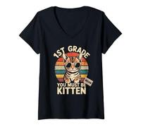 Women's Retro 1ST Grade You Must BE Kitten Girl Cat Teacher Happy V-Neck T-Shirt