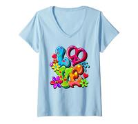 Womens Retro 60's 70's Flower Power Hippy, Groovy Love Peace Heart V-Neck T-Shirt