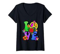 Womens Retro 60's 70's Flower Power Hippy, Groovy Love Peace Hippie V-Neck T-Shirt