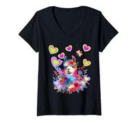 Womens Retro 60s Llama Flowers Hearts Butterfly Llamas Child Woman V-Neck T-Shirt