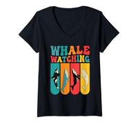 Women's Retro 70s Colorful Whale Watching Species V-Neck T-Shirt