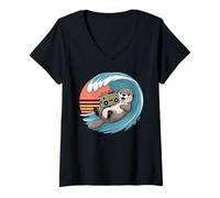 Women's Retro 80s Sunset Surfing Sea Otter Boombox V-Neck T-Shirt