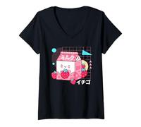 Womens Retro 90s Japanese Carton Kawaii Strawberry Milk V-Neck T-Shirt