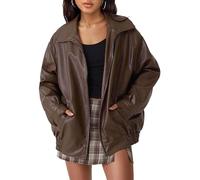 Women's Retro 90s Leather Jackets Oversized Faux PU Motorcycle Biker Coat Moto Varsity Bomber Cardigan Jackets Fall Outwear Streetwear(Brown,S)
