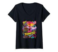 Women's Retro 90s San Francisco California Skyline City By The Bay V-Neck T-Shirt