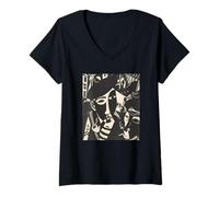 Women's Retro Abstract Black and White Sailor Ship Faces Maria Art V-Neck T-Shirt