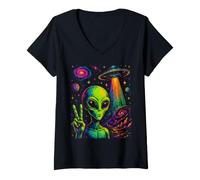 Women's Retro Alien UFO Space Art Vintage Style Design V-Neck T-Shirt
