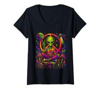 Women's Retro Alien UFO Space Art Vintage Style Design V-Neck T-Shirt