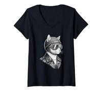 Women's Retro Animal Biker Cat Motorcycle Rider V-Neck T-Shirt