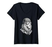 Women's Retro Animal Biker Lion Motorcycle Rider V-Neck T-Shirt
