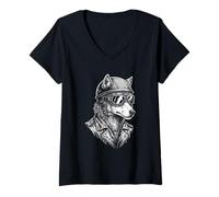 Women's Retro Animal Biker Wolf Motorcycle Rider V-Neck T-Shirt