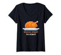 Womens Retro Arcade Pixelated Game Turkey - Press Start to Feast V-Neck T-Shirt