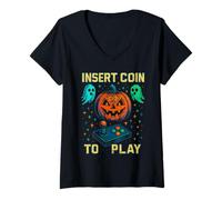 Womens Retro Arcade Style Vintage Halloween Gamer Pixel Ghosts V-Neck T-Shirt