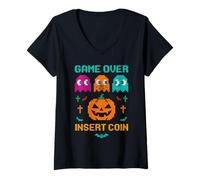 Womens Retro Arcade Style Vintage Halloween Gamer Pumpkin Px Ghosts V-Neck T-Shirt