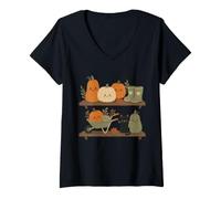 Women's Retro Autumn Harvest Shelf Doodle Characters Vibe V-Neck T-Shirt