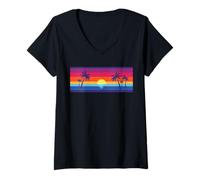 Women's Retro Beach Sunset. Tropical sea and Palms V-Neck T-Shirt
