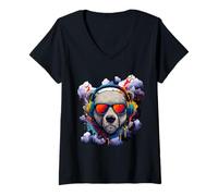 Womens Retro Bear with Sunglasses and Headphones V-Neck T-Shirt