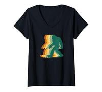 Womens Retro Bigfoot Silhouette Funny Sasquatch Walking Graphic V-Neck T-Shirt